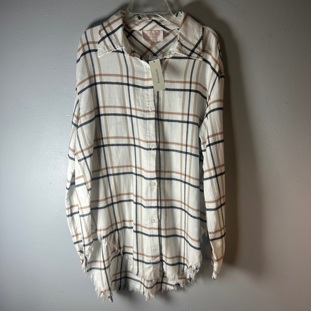 Francescas Audrey Parks Plaid‎ Distressed Frayed Hem Button Up Shirt XS